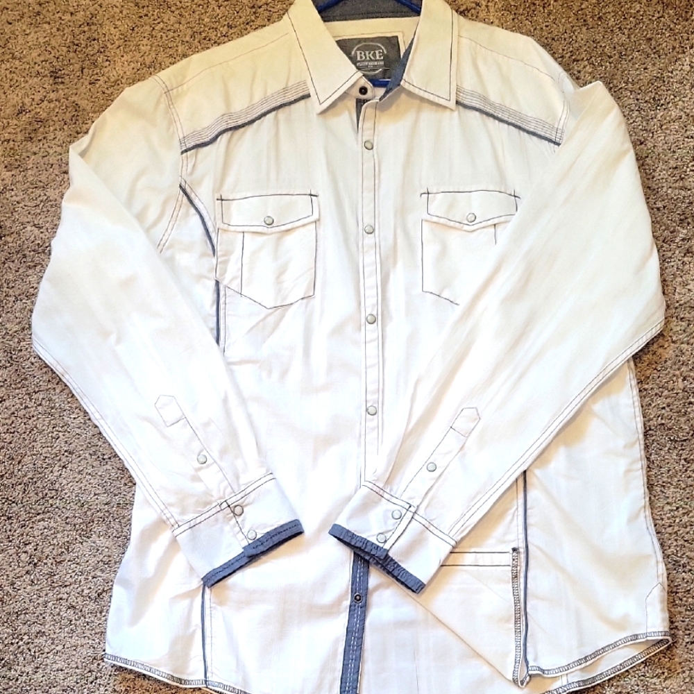 XXL BKE Men's White and Blue Casual Button Down Shirt